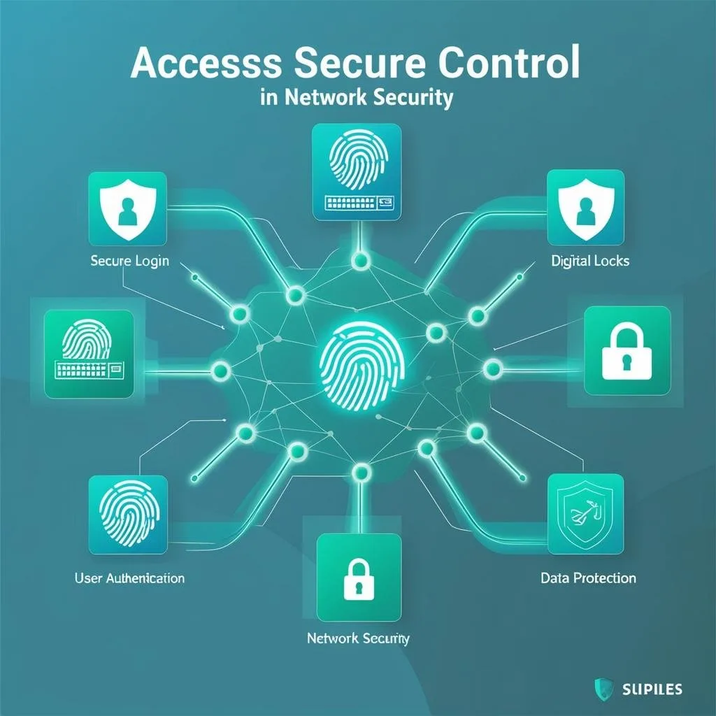 Graphic representation of secure access control in network security, showing a fingerprint icon at the center connected to elements like secure login, digital locks, user authentication, data protection, and network security.