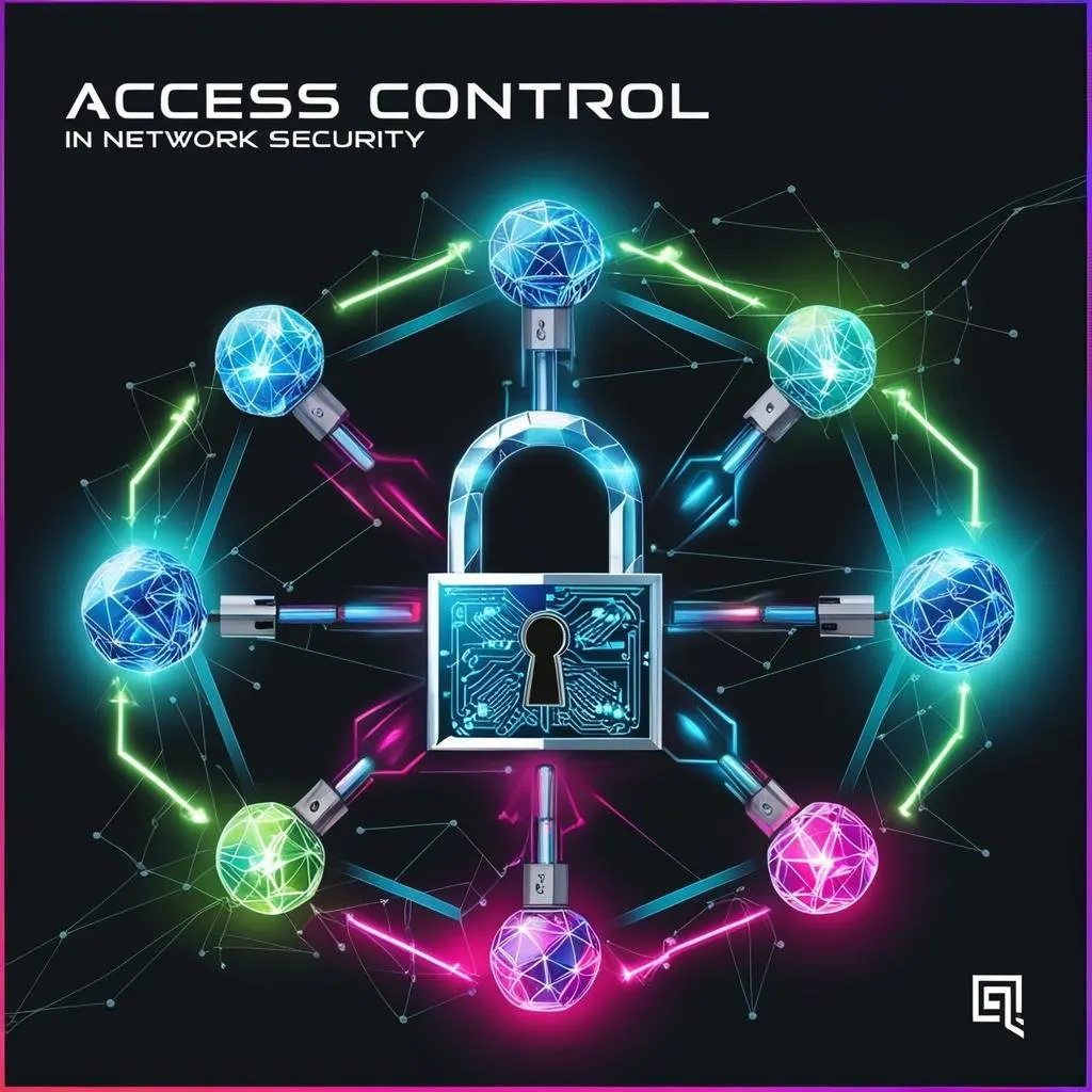 Digital illustration representing access control in network security, featuring a central padlock surrounded by glowing, interconnected digital nodes with keys, symbolizing data protection and secure connections."